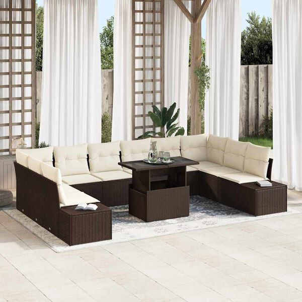vidaXL Garten-Sofa-Set mit Kissen mit Speicher 11 pcs Braun und Creme