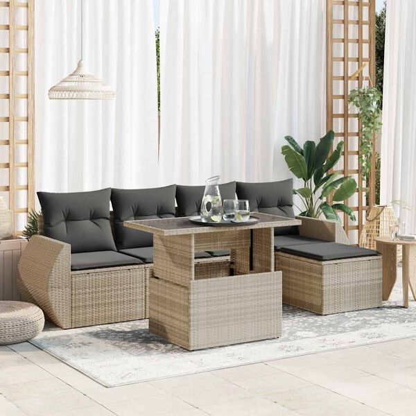vidaXL 6-tlg. Garten-Sofagarnitur mit Kissen Hellgrau Poly Rattan