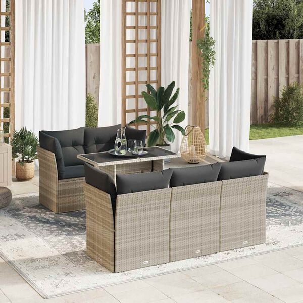 vidaXL 6-tlg. Garten-Sofagarnitur mit Kissen Hellgrau Poly Rattan