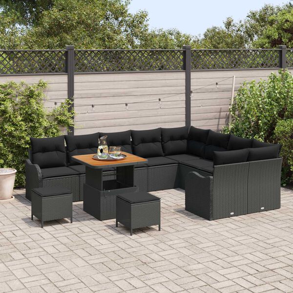 vidaXL Garten-Sofa-Set mit Kissen mit Speicher 12 pcs Schwarz