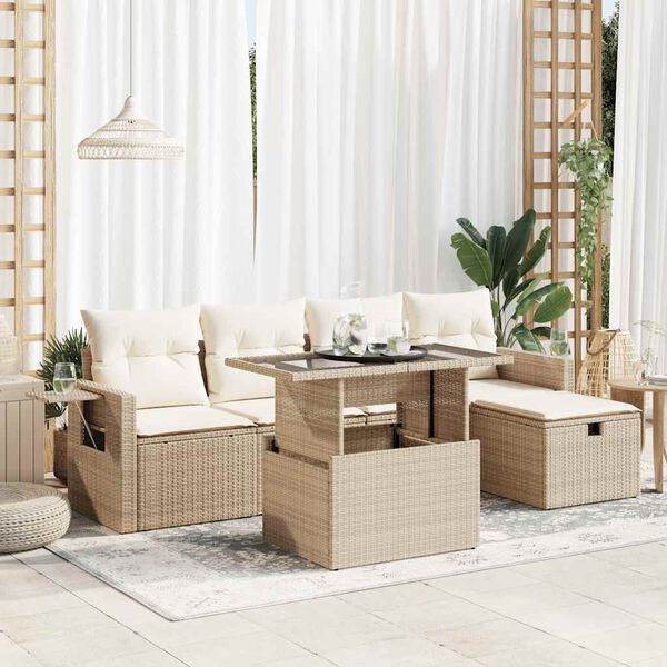 vidaXL 6-tlg. Garten-Sofagarnitur mit Kissen Beige Poly Rattan