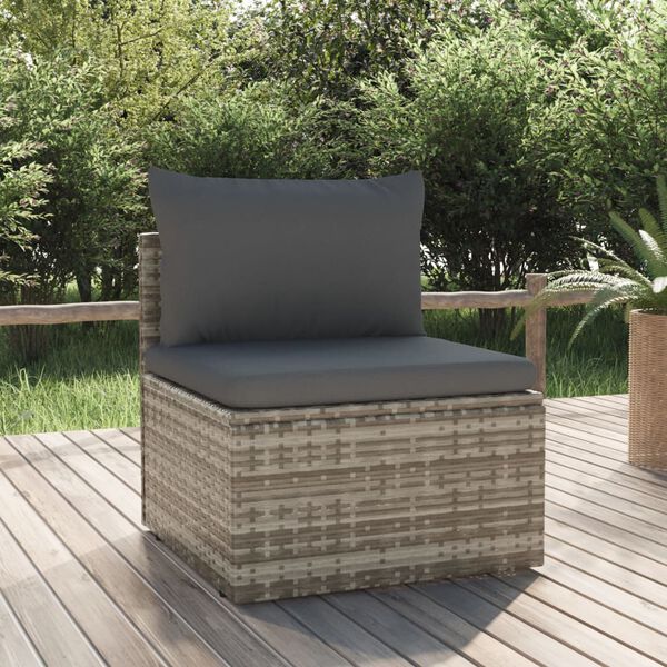 vidaXL Garten-Mittelsofa mit Kissen Grau 57x57x56 cm Poly Rattan