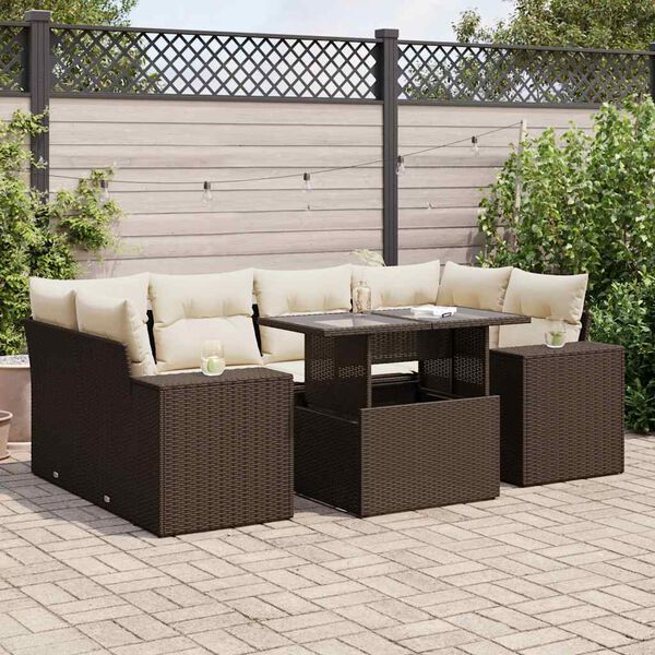vidaXL 7-tlg. Garten-Sofagarnitur mit Kissen Braun Poly Rattan