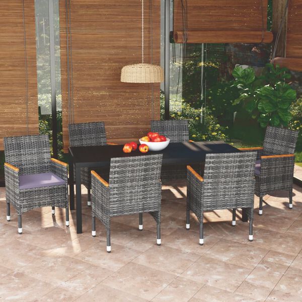 vidaXL 7-tlg. Garten-Essgruppe mit Kissen Poly Rattan Grau