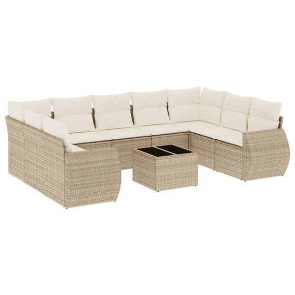 vidaXL 10-tlg. Garten-Sofagarnitur mit Kissen Beige Poly Rattan