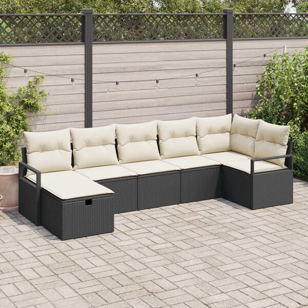 vidaXL Sofa Set mit Kissen 7 pcs Schwarz und Creme Poly-Rattan