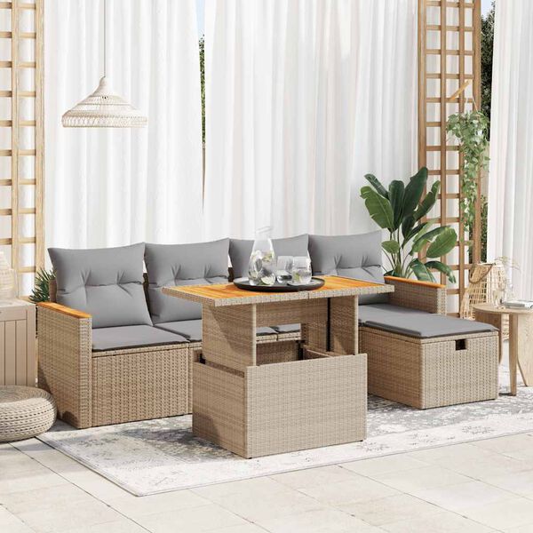 vidaXL 6-tlg. Garten-Sofagarnitur mit Kissen Beige Poly Rattan
