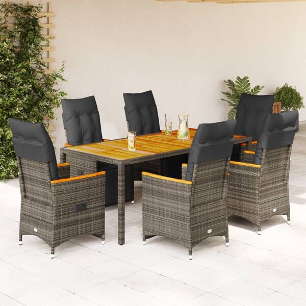 vidaXL 7-tlg. Garten-Bistro-Set mit Kissen Grau Poly Rattan