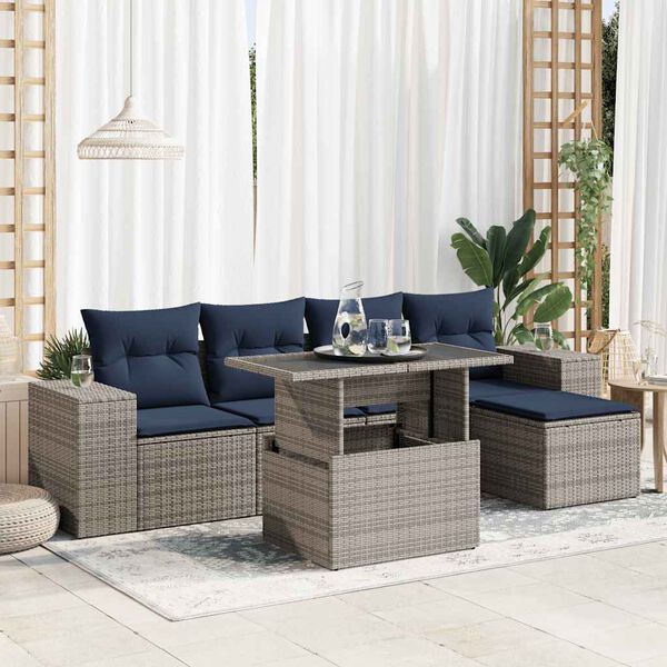 vidaXL 6-tlg. Garten-Sofagarnitur mit Kissen Grau Poly Rattan Akazie