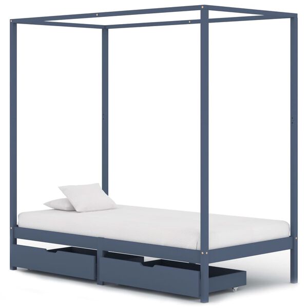 vidaXL Himmelbett-Gestell 2 Schubladen Grau Kiefernholz 100x200 cm
