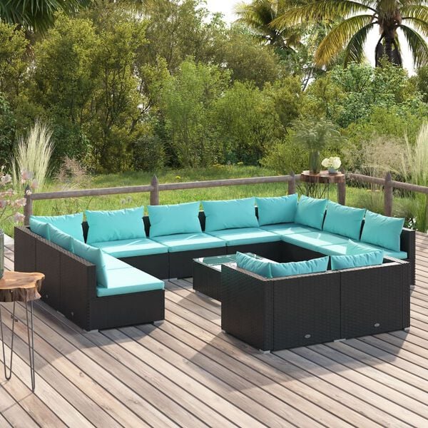 vidaXL 12-tlg. Garten-Lounge-Set mit Kissen Schwarz Poly Rattan