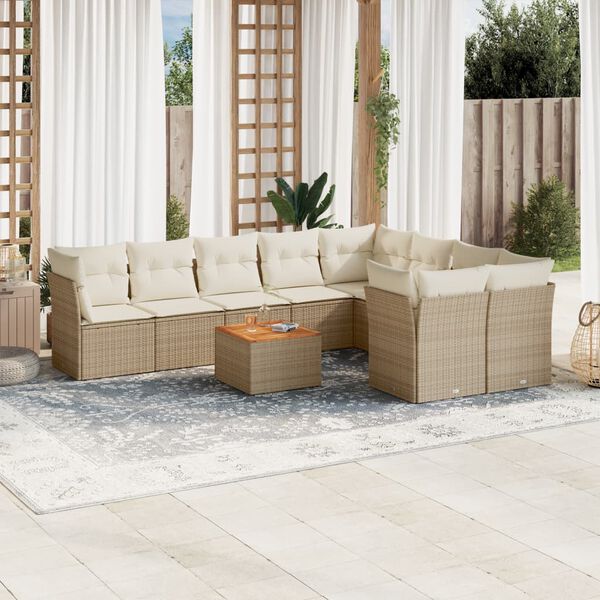 vidaXL 10-tlg. Garten-Sofagarnitur mit Kissen Beige Poly Rattan