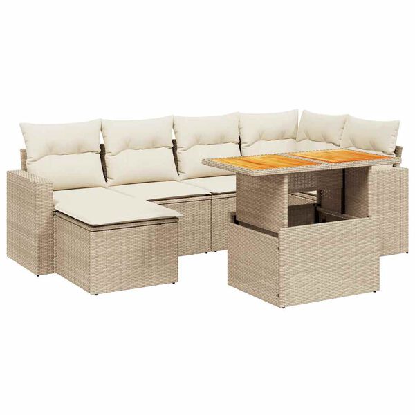 vidaXL 7-tlg. Garten-Sofagarnitur mit Kissen Beige Poly Rattan