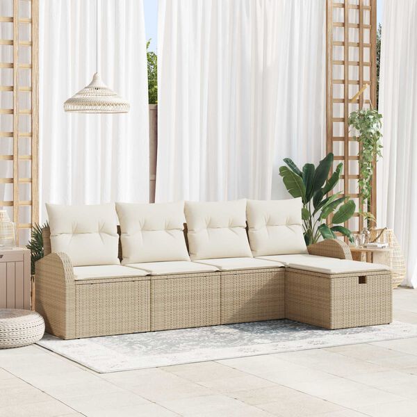 vidaXL Garten-Sofa-Set mit Kissen mit Speicher 5 pcs Beige Poly Rattan