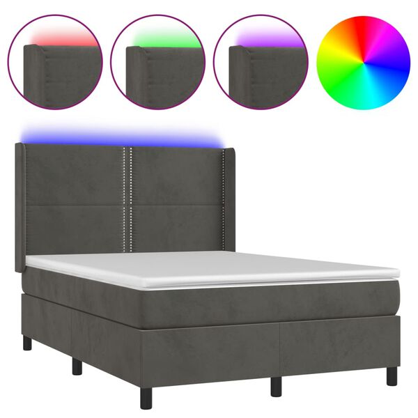 vidaXL Boxspringbett mit Matratze & LED Dunkelgrau 140x200 cm Samt