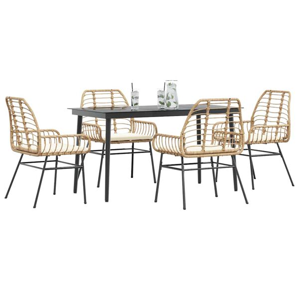 vidaXL 5-tlg. Garten-Essgruppe mit Kissen Braun Poly Rattan Glas