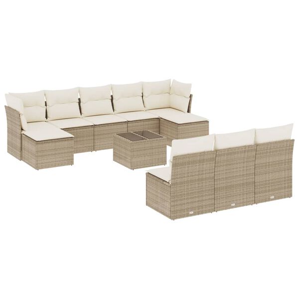 vidaXL 11-tlg. Garten-Sofagarnitur mit Kissen Beige Poly Rattan