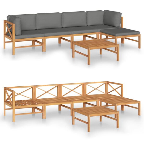 vidaXL 6-tlg. Garten-Lounge-Set mit Grauen Kissen Massivholz Teak
