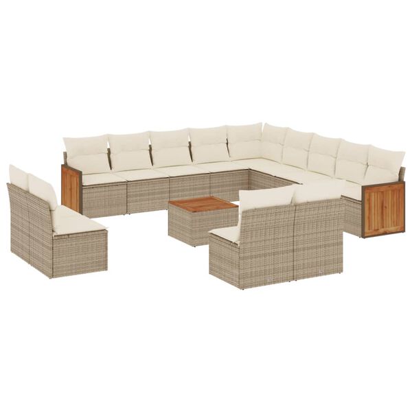 vidaXL 14-tlg. Garten-Sofagarnitur mit Kissen Beige Poly Rattan