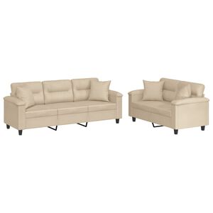 vidaXL 2-tlg. Sofagarnitur mit Kissen Creme Mikrofasergewebe