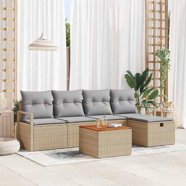vidaXL Garten-Sofa-Set mit Kissen mit Speicher 6 pcs Beige Poly Rattan