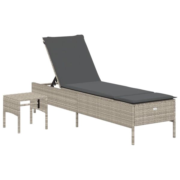 vidaXL Sonnenliege mit Tisch und Auflage Hellgrau Poly Rattan