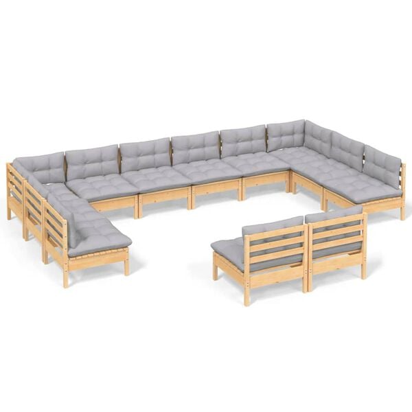 vidaXL 12-tlg. Garten-Lounge-Set mit Grauen Kissen Kiefer Massivholz