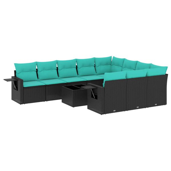 vidaXL 11-teiliges Gartensofa-Set mit Kissen, schwarzes Polyrattan