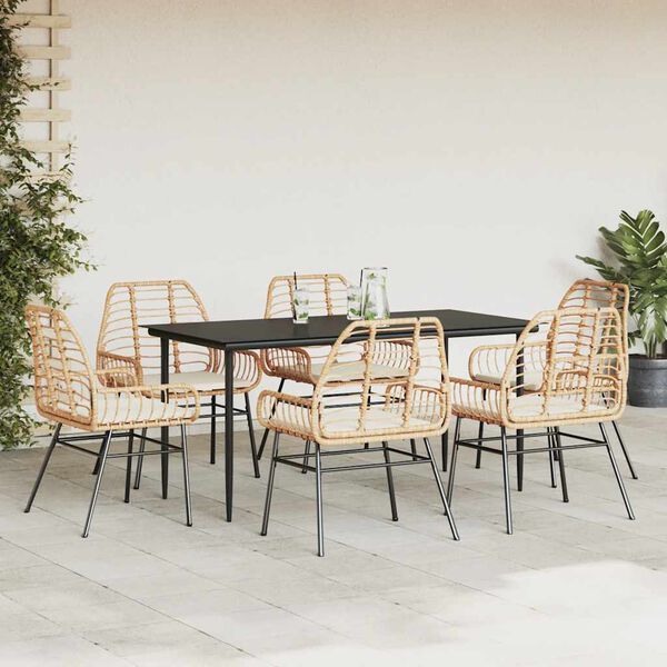 vidaXL 7-tlg. Garten-Essgruppe mit Kissen Braun Poly Rattan Glas