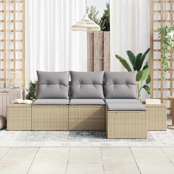 vidaXL Garten-Sofa-Set mit Kissen 4 pcs Beige und Hellgrau Poly-Rattan