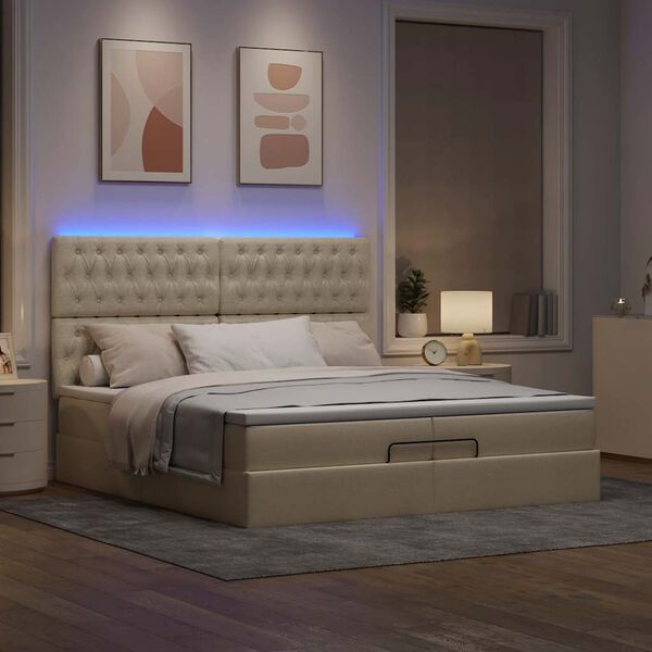 vidaXL Ottoman-Bett mit Matratzen & LEDs Creme 200x200 cm Stoff