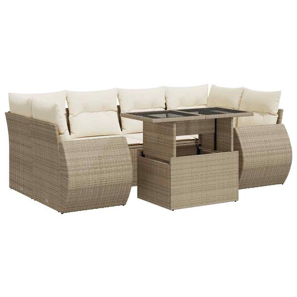 vidaXL 7-tlg. Garten-Sofagarnitur mit Kissen Beige Poly Rattan