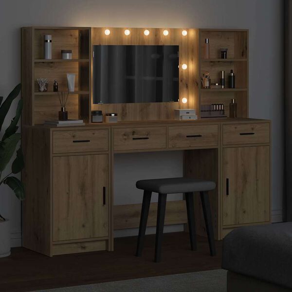 vidaXL Schminktischset mit LED 3 pcs Artisan-Eiche Holzwerkstoff
