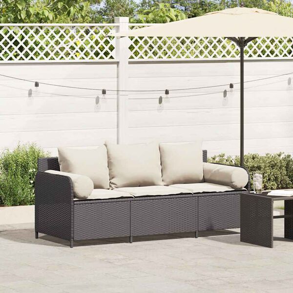 vidaXL Gartensofa mit Kissen 3-Sitzer Schwarz Poly Rattan