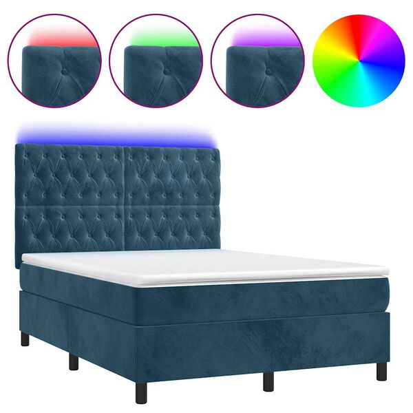 vidaXL Boxspringbett mit Matratze & LED Dunkelblau 140x190 cm Samt