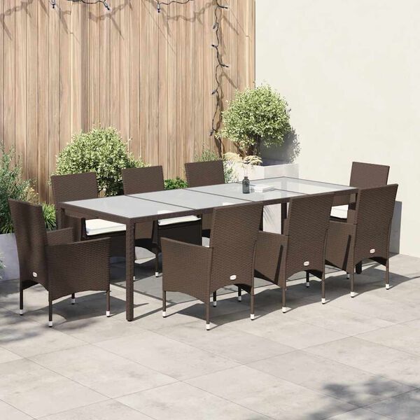 vidaXL 9-tlg. Garten-Essgruppe mit Kissen Braun Poly Rattan Glas
