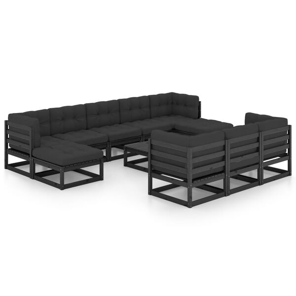 vidaXL 11-tlg. Garten-Lounge-Set mit Kissen Schwarz Kiefer Massivholz