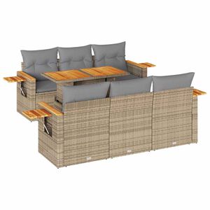 vidaXL 7-tlg. Garten-Sofagarnitur mit Kissen Beige Poly Rattan Akazie