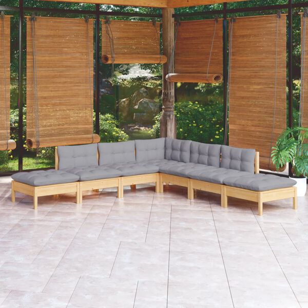 vidaXL 7-tlg. Garten-Lounge-Set mit Grauen Kissen Kiefernholz