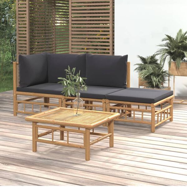 vidaXL 4-tlg. Garten-Lounge-Set mit Dunkelgrauen Kissen Bambus