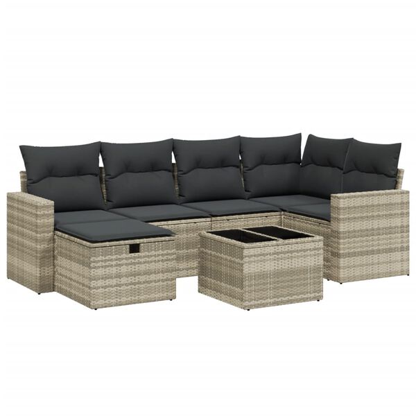 vidaXL 7-tlg. Garten-Sofagarnitur mit Kissen Hellgrau Poly Rattan