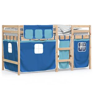 vidaXL Kinderhochbett mit Vorh&auml;ngen Blau 90x190 cm Massivholz Kiefer