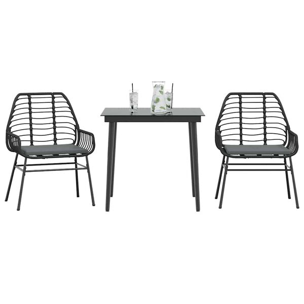 vidaXL 3-tlg. Garten-Essgruppe mit Kissen Schwarz Poly Rattan Glas