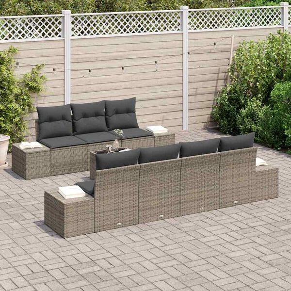 vidaXL Garten-Sofa-Set mit Kissen mit Speicher 8 pcs Grau Poly-Rattan