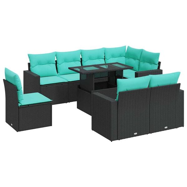 vidaXL 9-tlg. Garten-Sofagarnitur mit Kissen Schwarz Poly Rattan