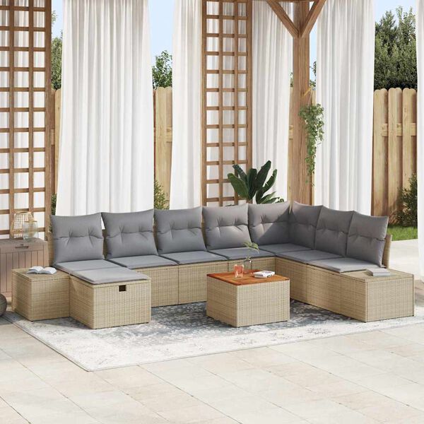 vidaXL Garten-Sofa-Set mit Kissen mit Speicher 9 pcs Beige Poly Rattan