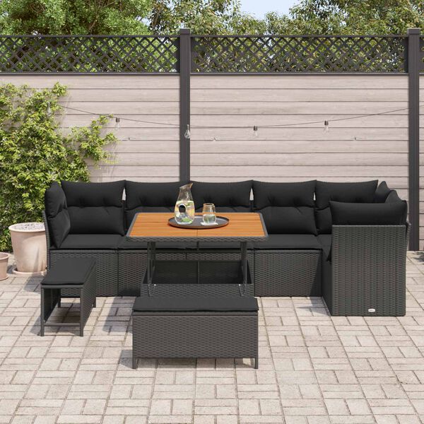 vidaXL Garten-Sofa-Set mit Kissen mit Speicher 9 pcs Schwarz