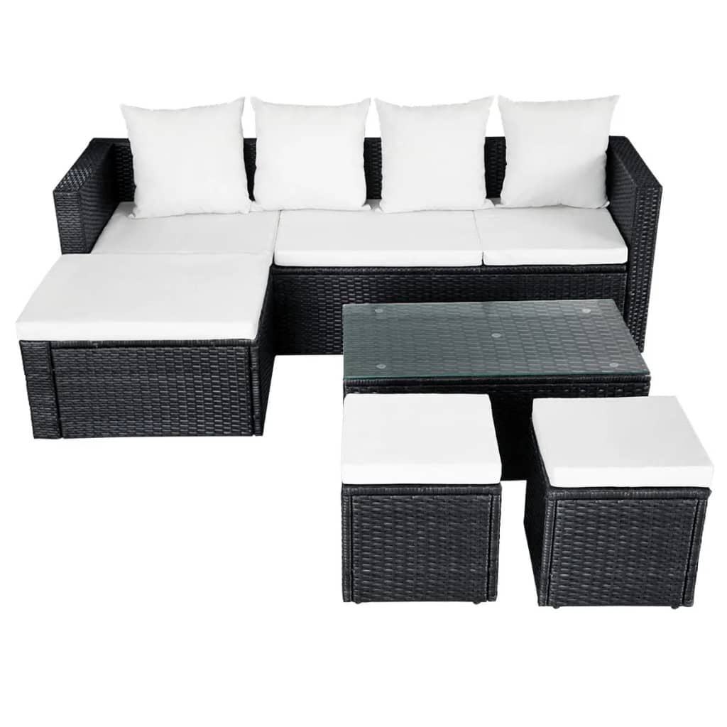 VidaXL Gartenset 11-teilig Aus Schwarzem Polyrattan – Mit Glas-Tisch, Stühlen, Hockern & Auflagen