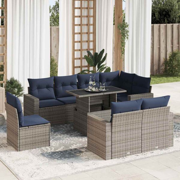 vidaXL 9-tlg. Garten-Sofagarnitur mit Kissen Grau Poly Rattan Akazie