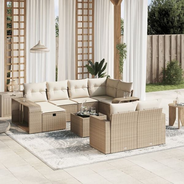vidaXL 11-tlg. Garten-Sofagarnitur mit Kissen Beige Poly Rattan